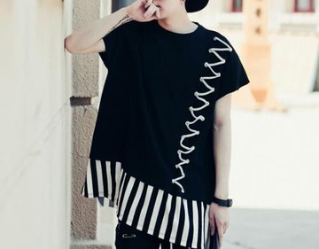 FINDSENSE MD 韓國 潮 男 嘻哈 街頭時尚 繩子裝飾 下擺條紋 另類 夜店DJ發型師 短袖T恤 特色短T