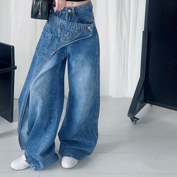 【中大女童/親子裝】美式復古假2件式牛仔褲