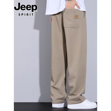 吉普休閑褲男士2025年冬季百搭直筒華夫格長褲子潮流運動衛褲男款