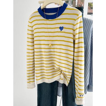 品牌折扣小眾別致撞色條紋長袖針織t恤女春秋新款正肩打底衫上衣