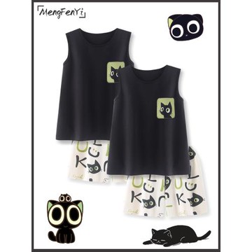 小黑貓情侶睡衣夏季女款純棉吊帶背心無袖套裝男士夏天薄款家居服