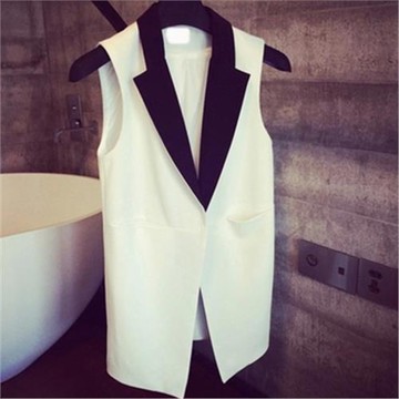 春秋新款西裝馬甲女中長款拼接個性顯瘦白色西服馬夾背心外套