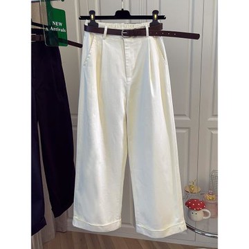 歐洲站白色高腰褶皺卷邊窄版闊腿褲女士直筒休閑褲子2025春季新款