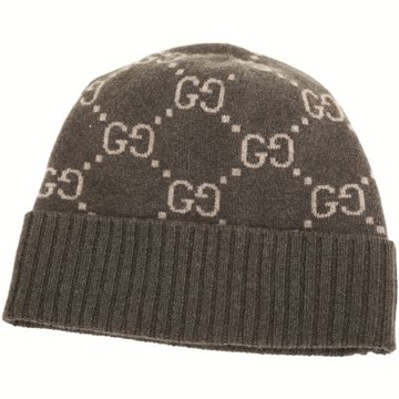 GUCCI 古馳 GG 100%喀什米爾老花羅紋反摺針織羊毛帽(咖啡色)