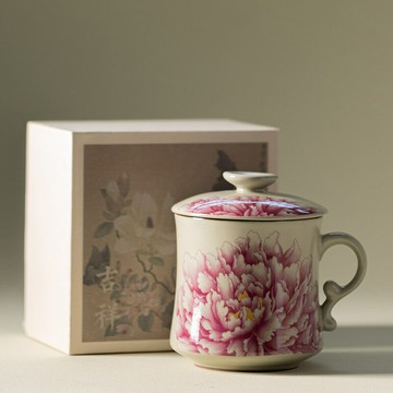 仿古汝窯牡丹月牙水杯可養 陶瓷 辦公室泡 茶杯 馬克杯帶蓋過濾茶水杯qxm7251