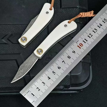 【原野】新款手工鍛打大馬士革鋼高硬度精緻摺疊小刀無鎖牛骨手柄攜帶方便