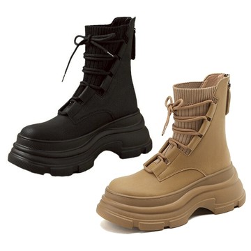 【白鳥麗子】拉鍊短靴 厚底靴 襪靴 中長靴 靴子 女靴 黑/卡其色 店長推薦