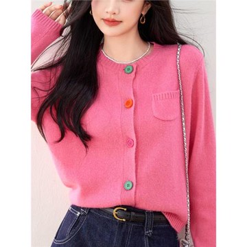 正品哥家新款2025新款女秋裝慵懶風彩色紐扣羊毛針織長袖毛衣開衫