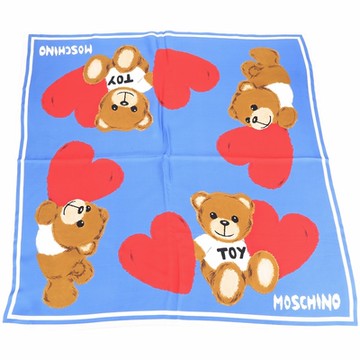MOSCHINO 愛心泰迪熊藍色純絲方巾/領巾