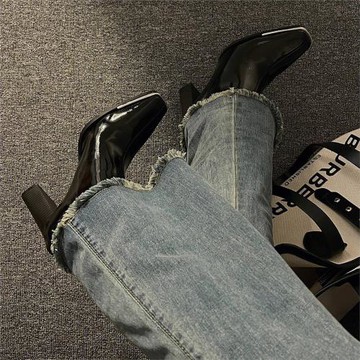 肯豆同款靴金屬方頭粗跟短靴女英倫風加絨真皮漆皮低筒彈力馬丁靴