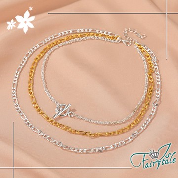 【伊飾童話】個性一字扣＊金銀粗麻花中性三層項鍊