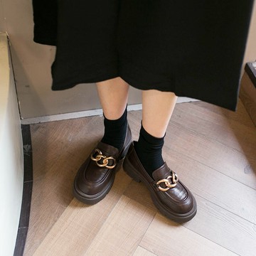 ocean one 學院松糕厚底樂福鞋秋冬石頭紋鏈條小皮鞋女小個子單鞋