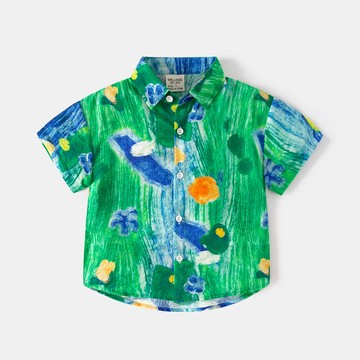 WELLKIDS - 休閒翻領短袖襯衫-抽象畫作