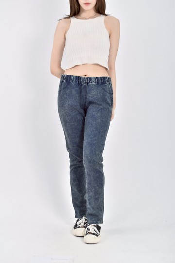 加購優惠(XL) net質感丹寧牛仔棉質低腰鬆緊腰刷色藍色長褲