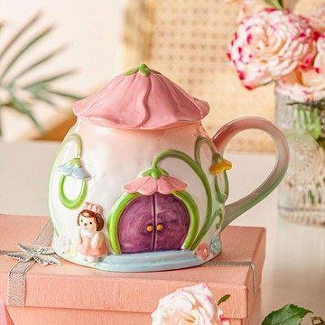 馬克杯 水杯 隨手杯 牛奶杯 創意可愛手繪浮雕小女孩花朵房子造型陶瓷馬克杯帶蓋精致生日禮物