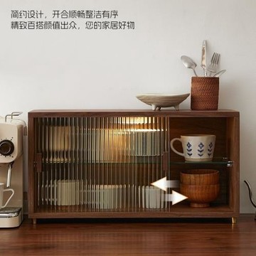 實木桌面收納盒防塵水杯收納柜黑胡桃木多層咖啡杯茶具杯子儲物柜