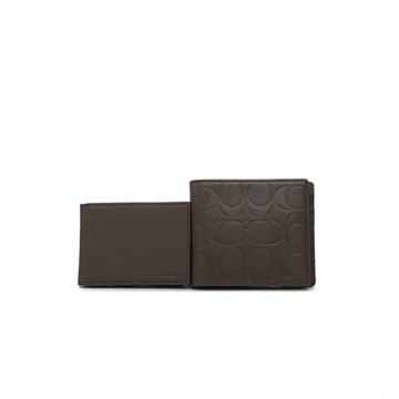 coach棕色皮革老花壓紋短款錢包