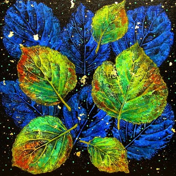 木框畫布面板上的植物風格葉壓克力畫