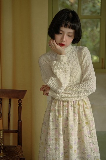 奶芙鬱金香 法式復古少女立領華夫格拼接洋裝 花花假兩件連衣裙