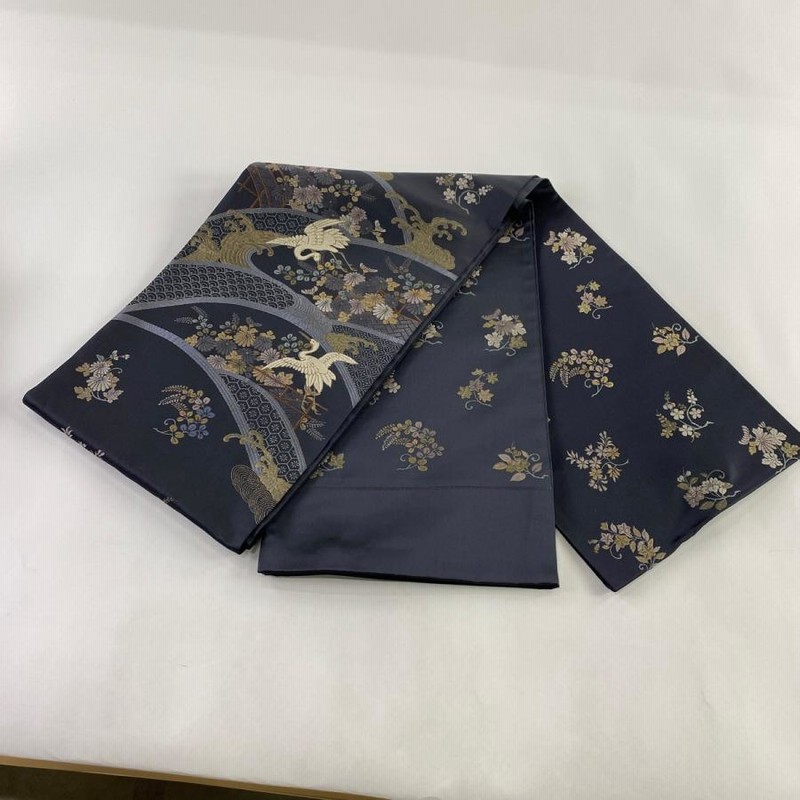 袋帯 美品 名品 証紙あり 草花 鶴 箔 青黒 お太鼓柄 正絹 中古 通販 