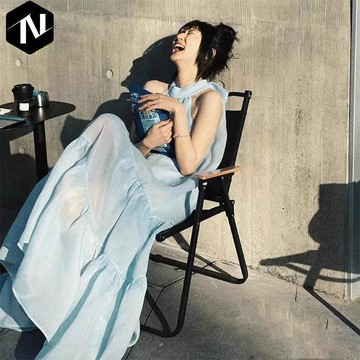 【Nico】🌸優選夏裙 掛脖連衣裙夏蝴蝶結海邊度假無袖氣質藍色蛋糕沙灘設計感吊帶長裙 連衣裙 夏季款