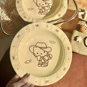 臺灣+免運✨陶瓷盤子 碟子滑板KT卡通盤子家用2026新款釉下彩陶瓷餐具沙拉盤甜品盤兒童餐盤