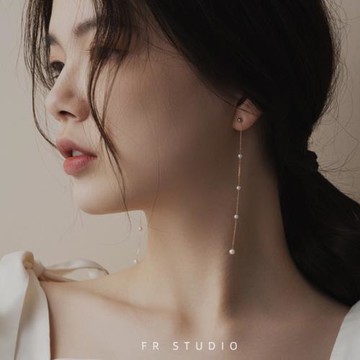 迷你天然小珍珠超長款耳線耳夾14K包金2025新款女時尚耳飾耳環夾