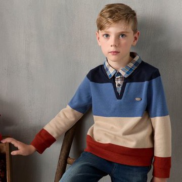 PIPPY 帥氣剪接格紋翻領條紋上衣 藍