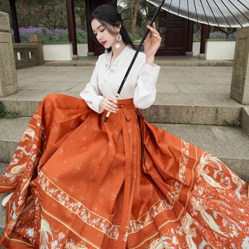 【桃喜Rich女裝】大碼印花馬面裙 S-4XL 新中式國風斜襟刺繡飛機袖長袖襯衫 一片式高畫質印花橘紅馬面裙 改良漢服