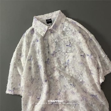 STRAPPING田園蝴蝶半透短袖花襯衫男女復古日系港風寬松繡花