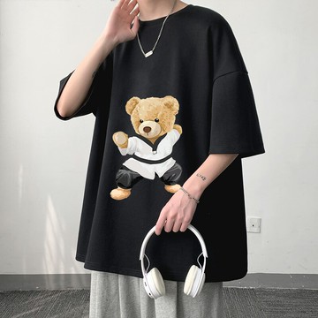 純棉功夫小熊印花短袖男生夏季ins潮牌潮流百搭情侶裝五分半袖t恤