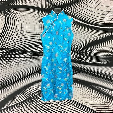 二手 古董訂製 藍色 盤扣 緞面 織紋 緹花 開衩  無袖 旗袍 CA404