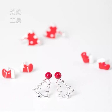 韓版s925銀可愛圣誕樹襪子帽子靴子耳釘女氣質甜美滴油純銀耳飾