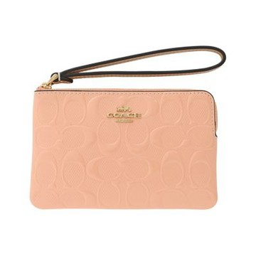 COACH 蜜桃粉橘漆皮浮雕C LOGO拉鍊萬用手拿包