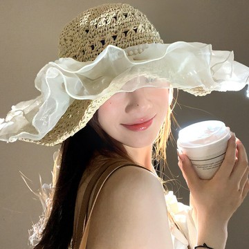 蕾絲草編草帽女大帽檐夏季透氣太陽帽子海邊遮全臉遮陽防曬帽子潮