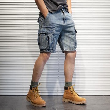美式復古男裝潮流側口袋工裝風寬松阿美咔嘰夏季新款時尚牛仔短褲