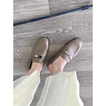 【Ruyan Vuicr】鎖扣樂福鞋女復古方頭平底單鞋一腳蹬懶人小皮鞋