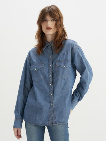 Levis 女款 Oversize寬鬆版牛仔襯衫外套 / 精工中藍染水洗 熱賣單品