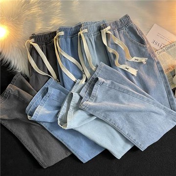 系繩松緊腰牛仔褲男港風ins百搭寬松褲子秋季潮牌休閑直筒長褲子