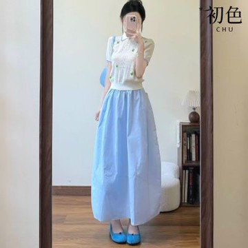初色 韓系針織條紋POLO領短袖襯衫上衣女上衣+韓系純色寬鬆中長裙半身裙套裝-白衣藍裙-19415(F可選)