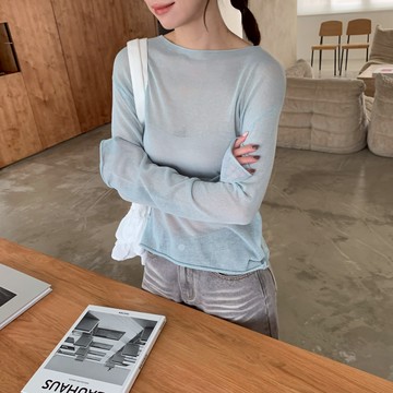 ISA_春夏冰心特調 捲邊寬領透透軟針織上衣_53106