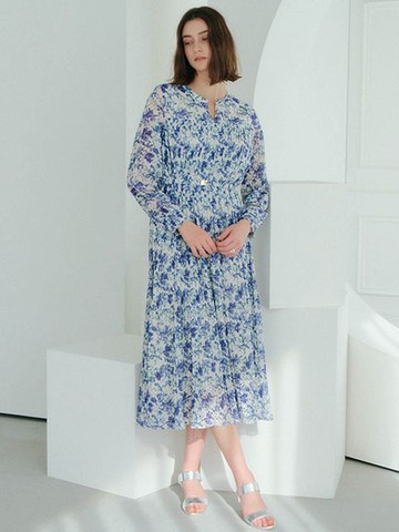 復古碎花腰部金釦百褶連身洋裝(07000326600) - YECCA VECCA