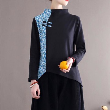 淡墨原創新款民族風碎花拼接T恤復古加絨打底衫針織彈力大碼上衣