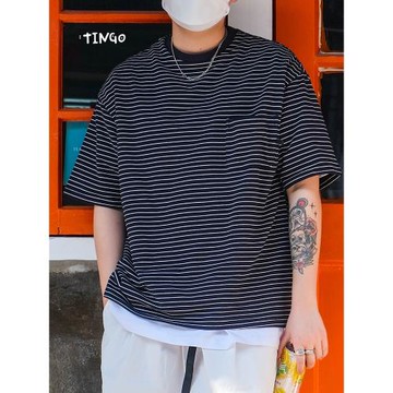 tingoplanet 男士條紋短袖t恤夏季重磅寬松純棉美式潮牌海魂衫