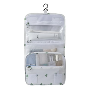 JDS 多功能旅行大容量收納盥洗化妝包 防潑水耐磨材質 易清洗 清晰明朗的分類隔層設計 掛勾  仙人掌 + 白色底  24 x 19 x 10CM