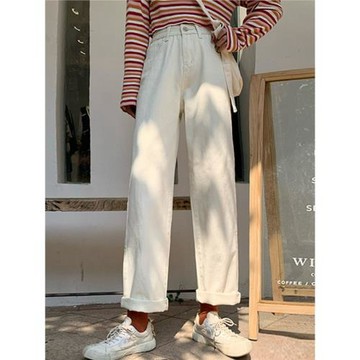 白色牛仔褲女2026年春季新款高腰顯瘦直筒褲寬松百搭大碼顯瘦褲子