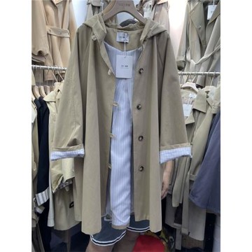 十三行設計感寬松連帽中長款風衣外套女2024春季小個子英倫風大衣