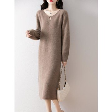 新中式長款毛衣裙女純山羊絨衫直筒打底內搭秋冬針織連衣裙過膝