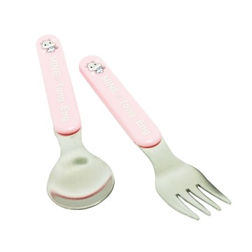 MINE 唐榮抗菌不銹鋼 兒童抗菌嬰幼兒叉匙組 台灣製造 叉子/湯匙長度13.5公分  叉子 + 湯匙  粉色  1組