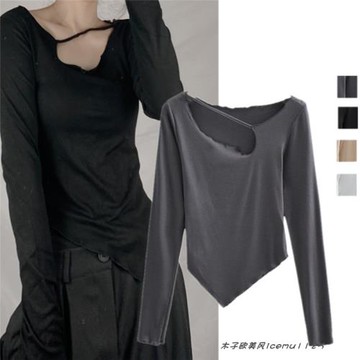 小個子純欲風一根帶長袖T恤修身顯瘦性感斜肩鎖骨上衣小眾打底衫